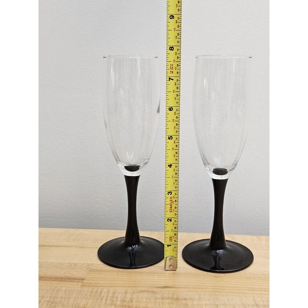 Set of 2 Clear Glass Champagne Flutes with Black Stems Tapered Glossy Finish 6oz